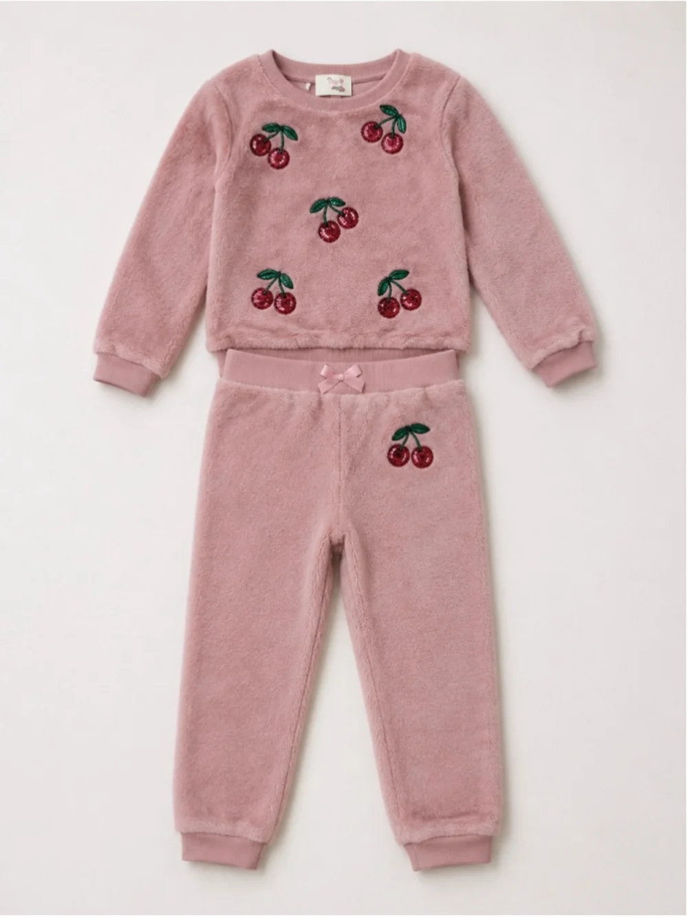 Derek Heart Girls Pink Cherry Sequin Sherpa Fleece Sweatshirt & Jogger Set